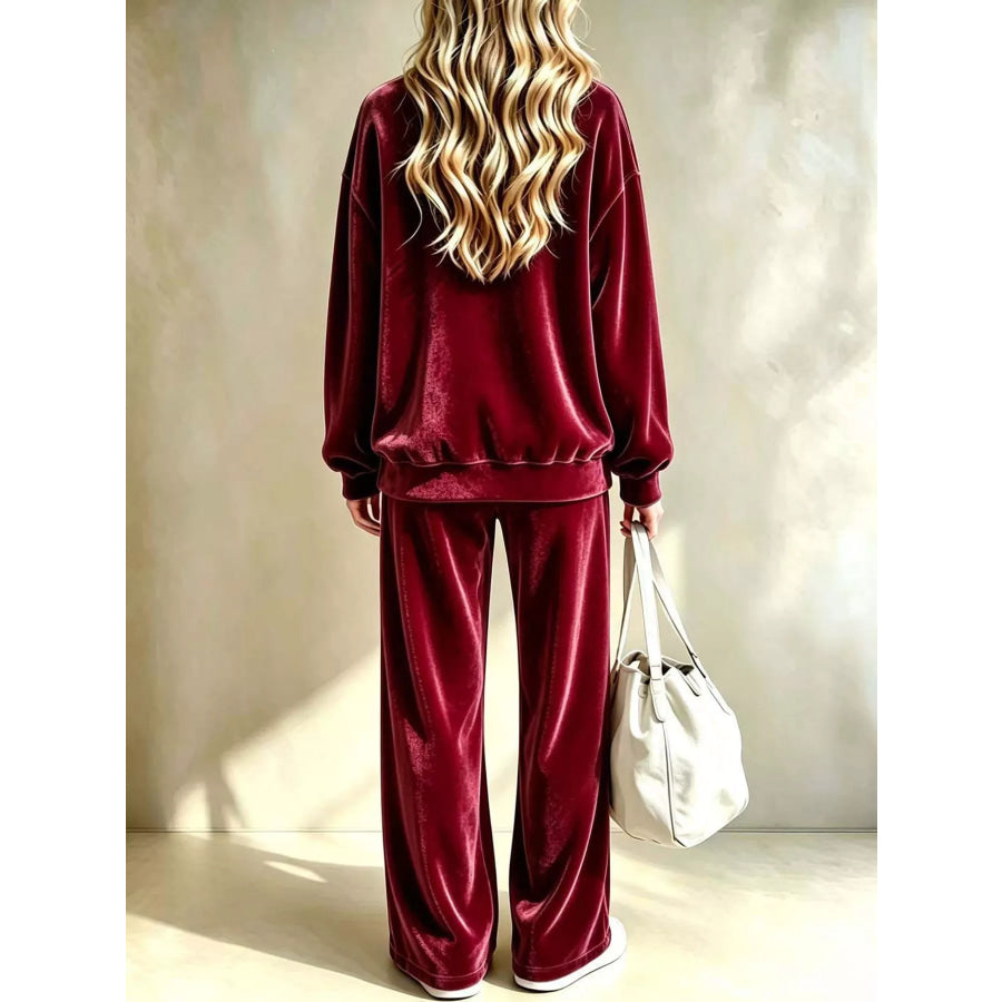 Full Size Velour Long Sleeve Top and Wide-Leg Pants Set Plus Apparel Accessories