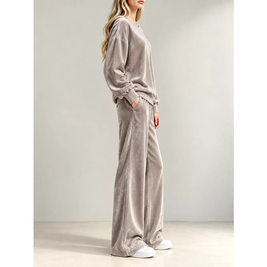 Full Size Velour Long Sleeve Top and Wide-Leg Pants Set Plus Apparel Accessories