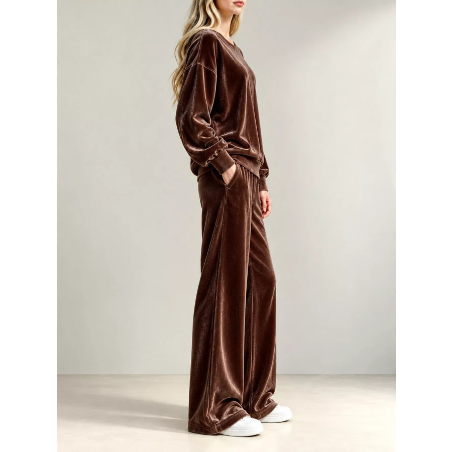 Full Size Velour Long Sleeve Top and Wide-Leg Pants Set Plus Apparel Accessories