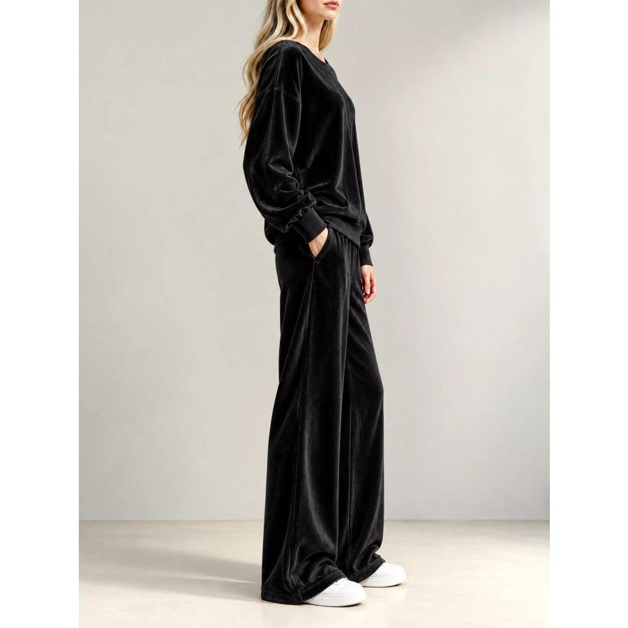 Full Size Velour Long Sleeve Top and Wide-Leg Pants Set Plus Apparel Accessories