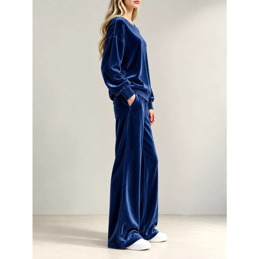 Full Size Velour Long Sleeve Top and Wide-Leg Pants Set Plus Apparel Accessories