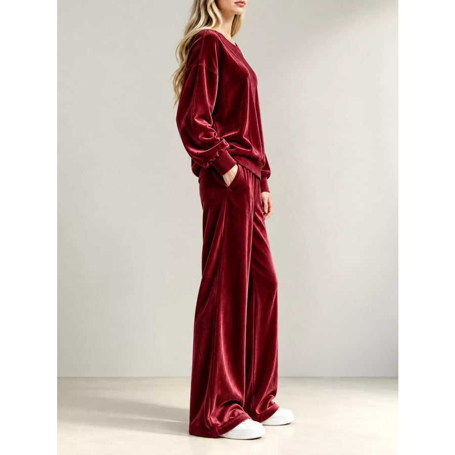 Full Size Velour Long Sleeve Top and Wide-Leg Pants Set Plus Apparel Accessories