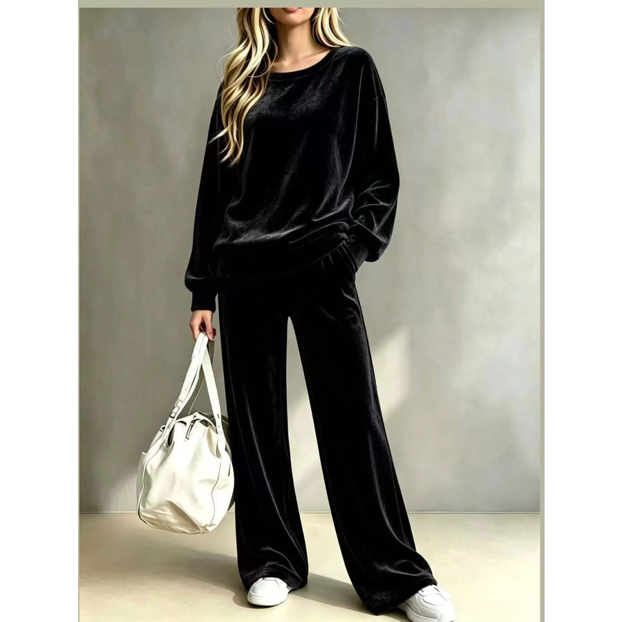 Full Size Velour Long Sleeve Top and Wide-Leg Pants Set Plus Black / S Apparel Accessories