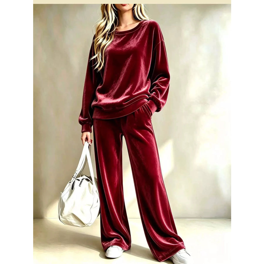 Full Size Velour Long Sleeve Top and Wide-Leg Pants Set Plus Burgundy / S Apparel Accessories