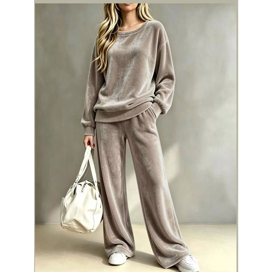 Full Size Velour Long Sleeve Top and Wide-Leg Pants Set Plus Khaki / S Apparel Accessories
