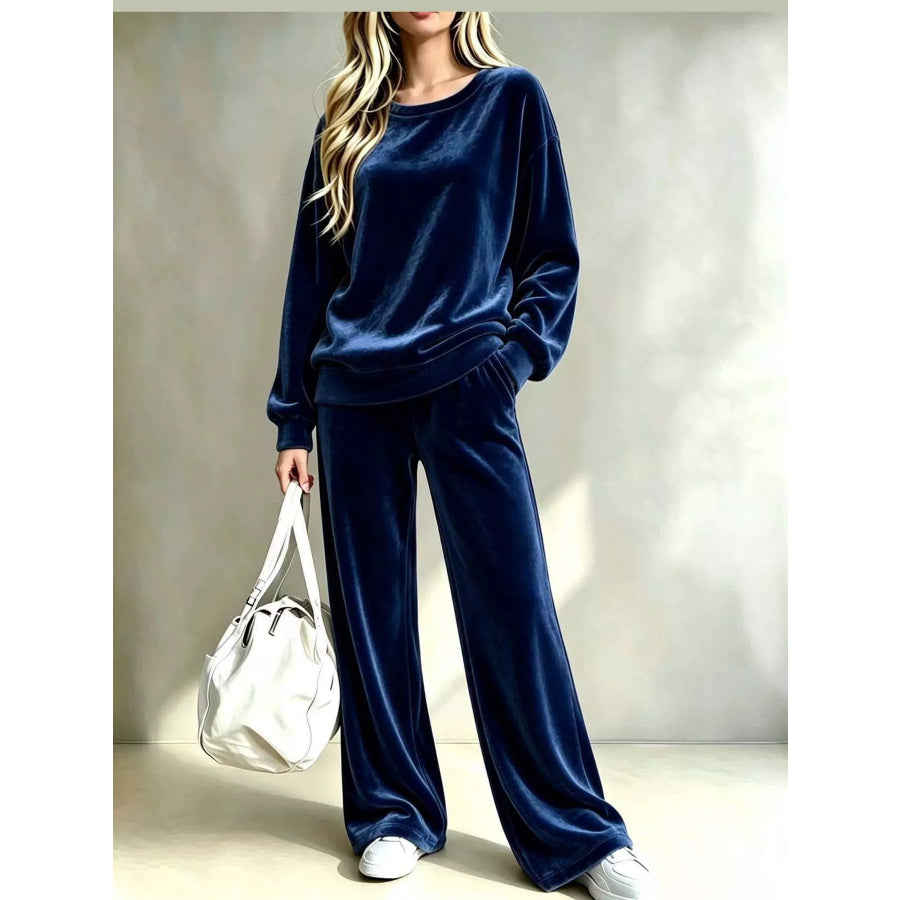 Full Size Velour Long Sleeve Top and Wide-Leg Pants Set Plus Navy / S Apparel Accessories