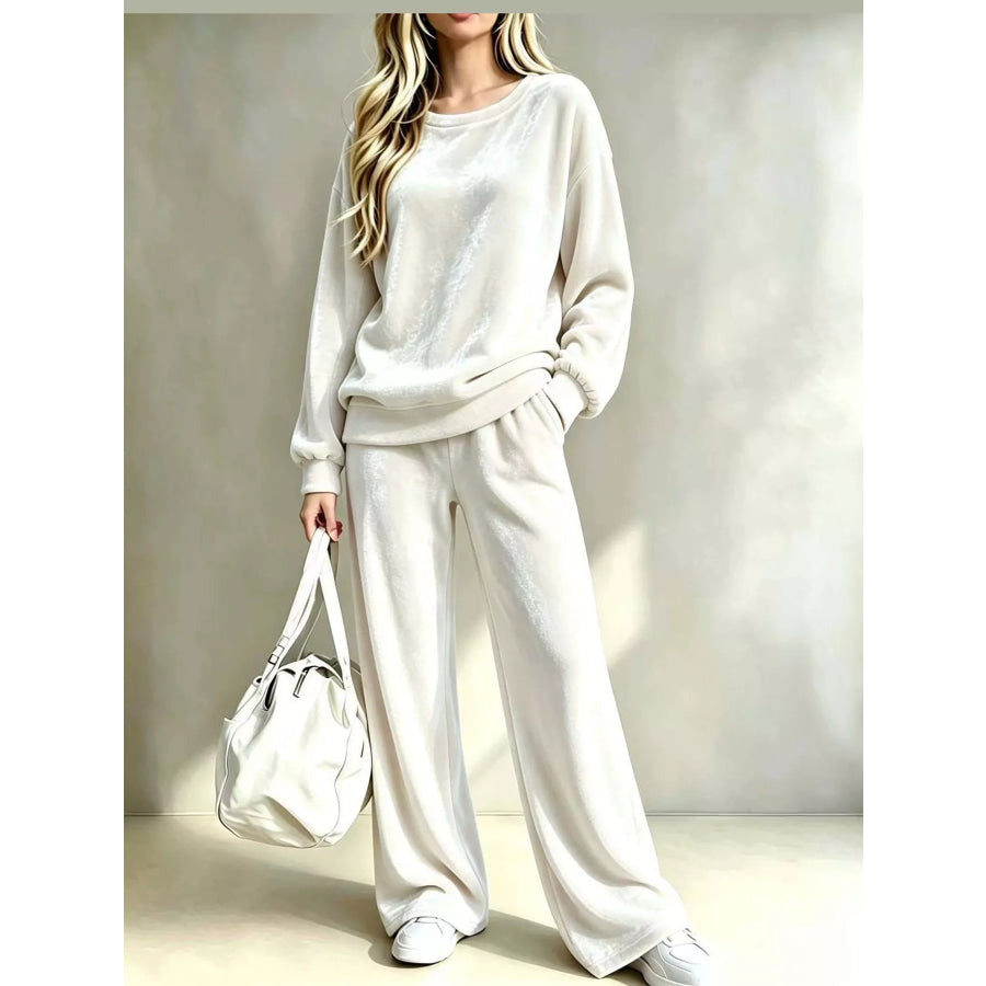 Full Size Velour Long Sleeve Top and Wide-Leg Pants Set Plus White / S Apparel Accessories