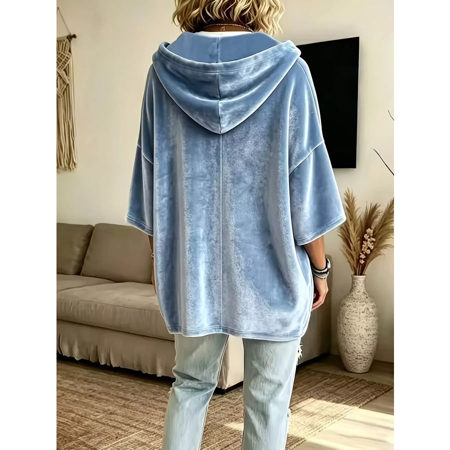 Full Size Velvet 3/4 Sleeve Hoodie with Kangaroo Pocket Plus Size Apparel and Accessories