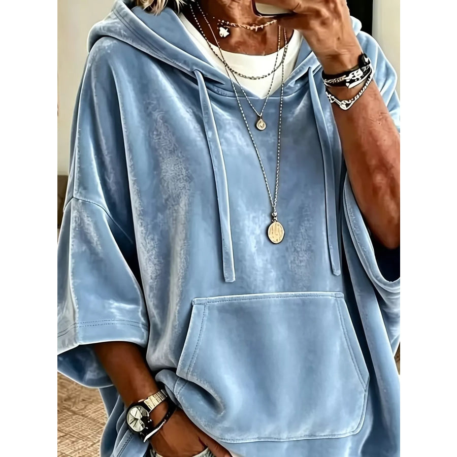 Full Size Velvet 3/4 Sleeve Hoodie with Kangaroo Pocket Plus Size Apparel and Accessories