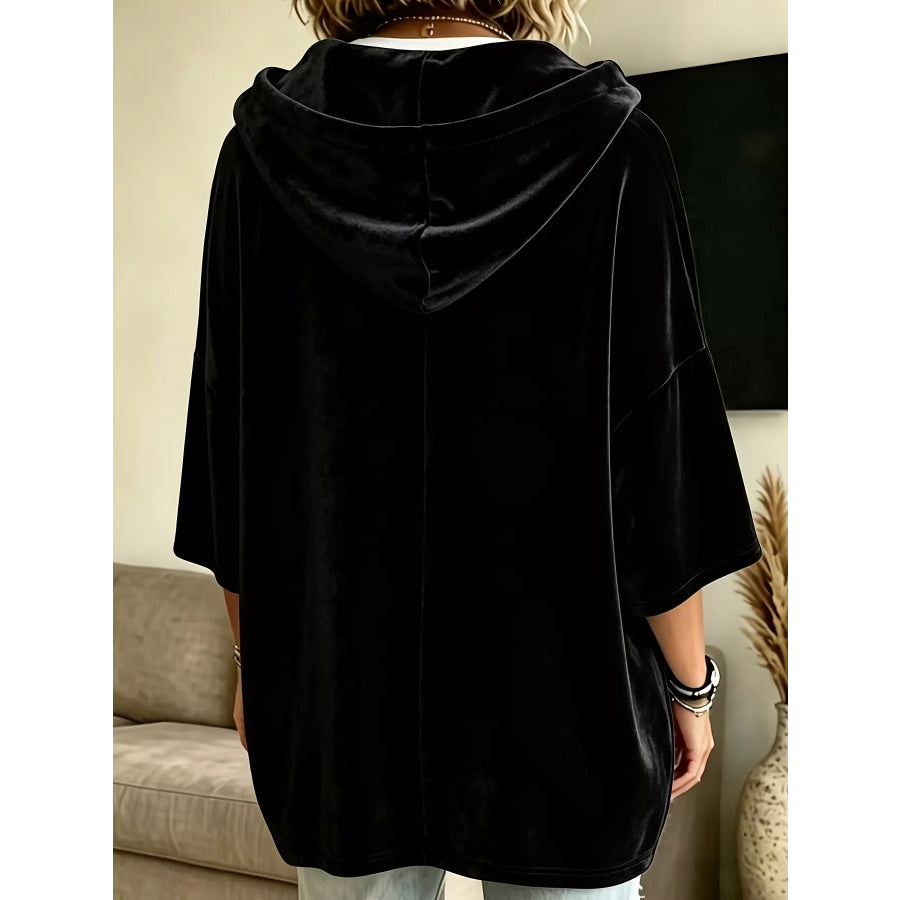 Full Size Velvet 3/4 Sleeve Hoodie with Kangaroo Pocket Plus Size Apparel and Accessories
