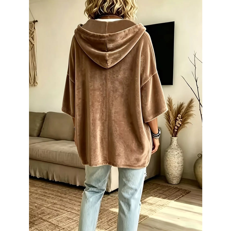 Full Size Velvet 3/4 Sleeve Hoodie with Kangaroo Pocket Plus Size Apparel and Accessories