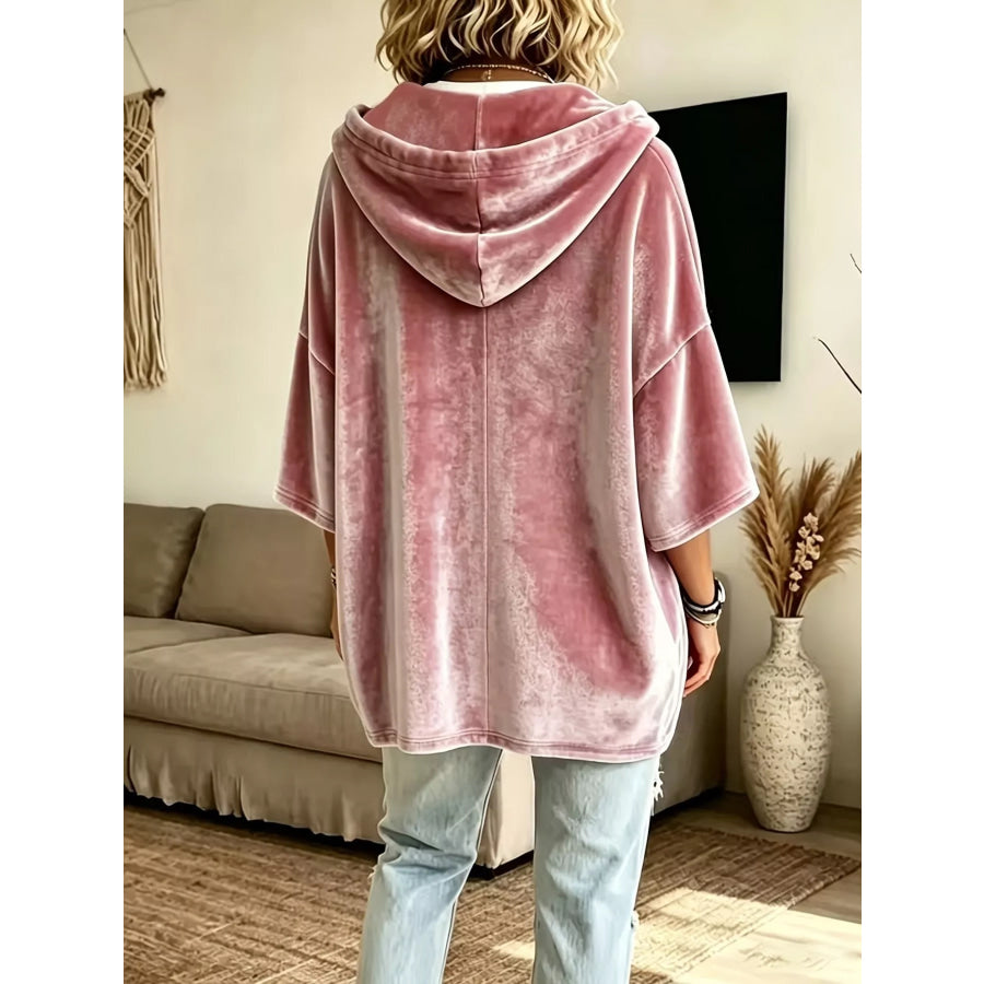 Full Size Velvet 3/4 Sleeve Hoodie with Kangaroo Pocket Plus Size Pink / S Apparel and Accessories