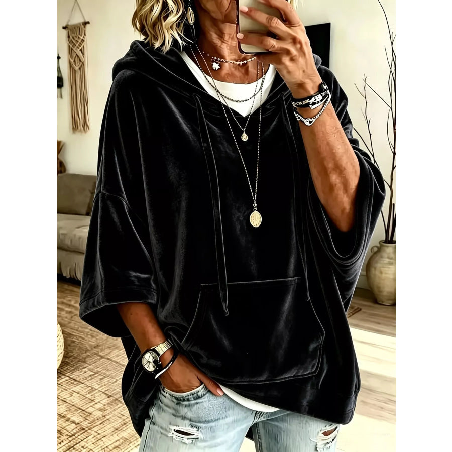 Full Size Velvet 3/4 Sleeve Hoodie with Kangaroo Pocket Plus Size Black / S Apparel and Accessories