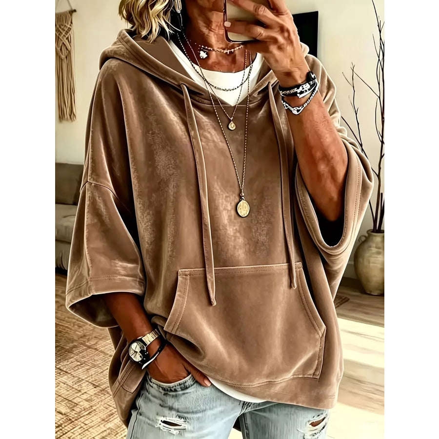 Full Size Velvet 3/4 Sleeve Hoodie with Kangaroo Pocket Plus Size Brown / S Apparel and Accessories