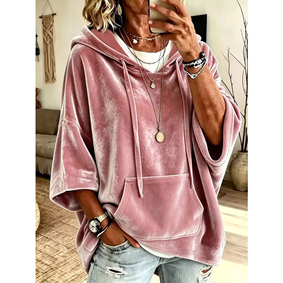 Full Size Velvet 3/4 Sleeve Hoodie with Kangaroo Pocket Plus Size Pink / S Apparel and Accessories