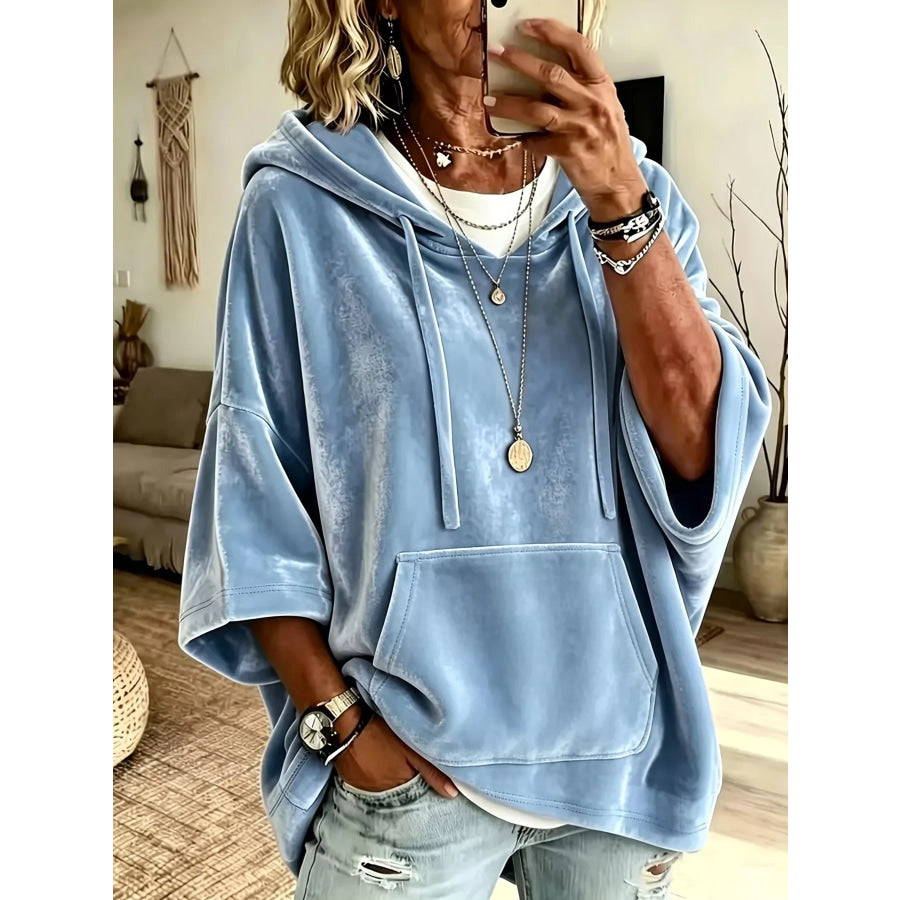 Full Size Velvet 3/4 Sleeve Hoodie with Kangaroo Pocket Plus Size Sky Blue / S Apparel and Accessories