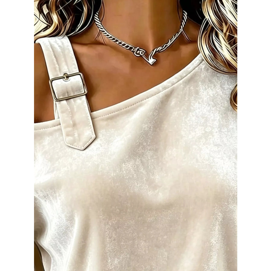 Full Size Velvet Asymmetrical Neck Sweatshirt with Buckle Detail Plus Apparel and Accessories