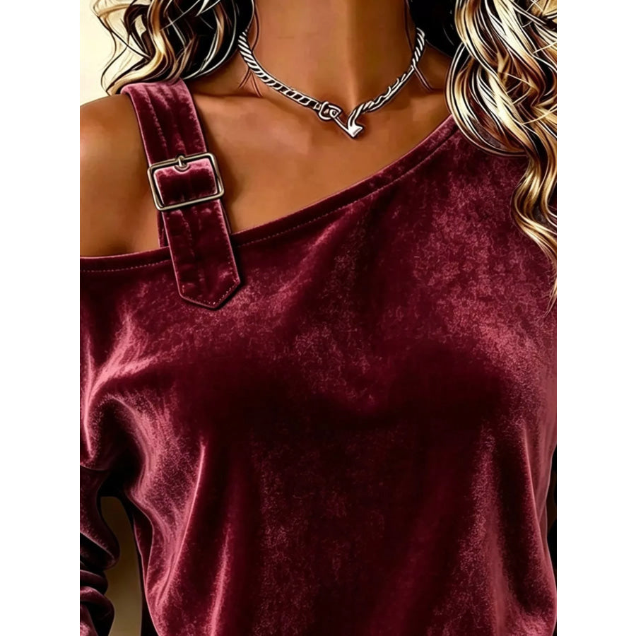 Full Size Velvet Asymmetrical Neck Sweatshirt with Buckle Detail Plus Apparel and Accessories