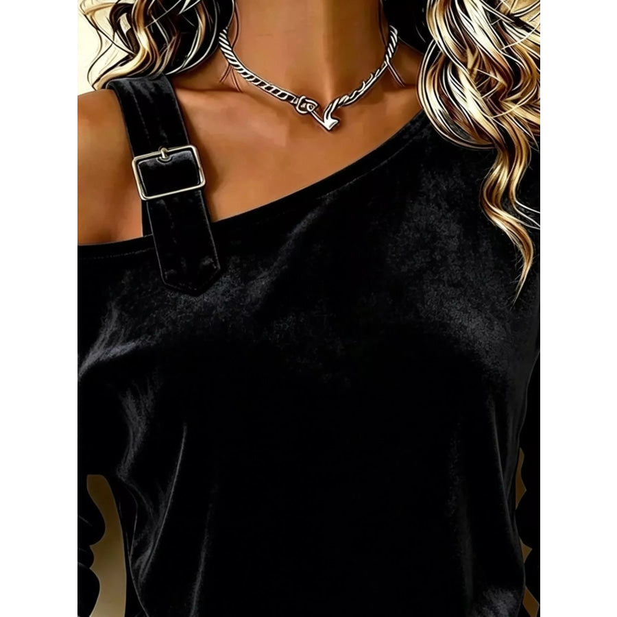 Full Size Velvet Asymmetrical Neck Sweatshirt with Buckle Detail Plus Apparel and Accessories