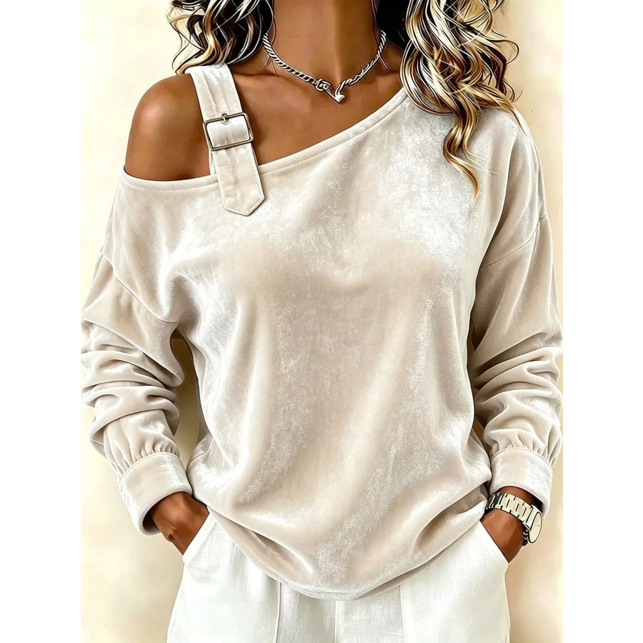 Full Size Velvet Asymmetrical Neck Sweatshirt with Buckle Detail Plus Apricot / S Apparel and Accessories