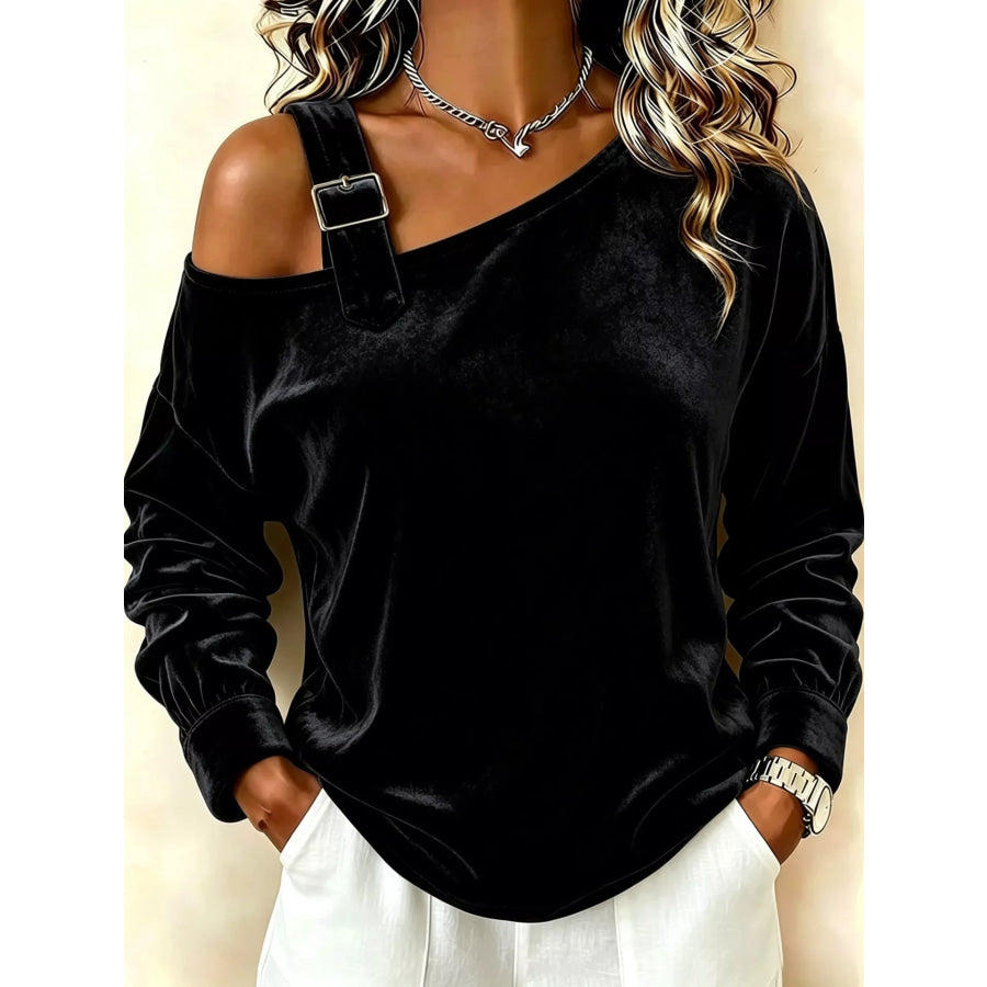 Full Size Velvet Asymmetrical Neck Sweatshirt with Buckle Detail Plus Black / S Apparel and Accessories