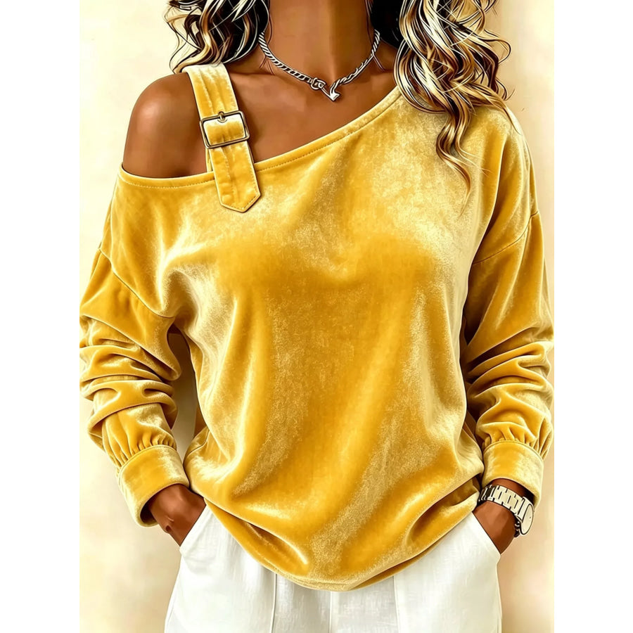 Full Size Velvet Asymmetrical Neck Sweatshirt with Buckle Detail Plus Yellow / S Apparel and Accessories