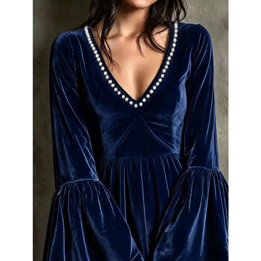 Full Size Velvet Bell-Sleeve Mini Dress with Pearl Embellished V-Neck Plus