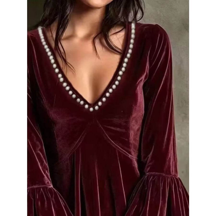 Full Size Velvet Bell-Sleeve Mini Dress with Pearl Embellished V-Neck Plus