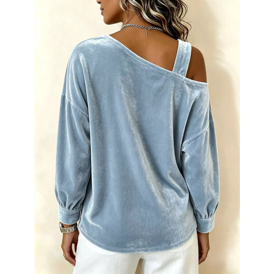 Full Size Velvet Buckle Detail Asymmetrical Neck Blouse Plus Apparel and Accessories