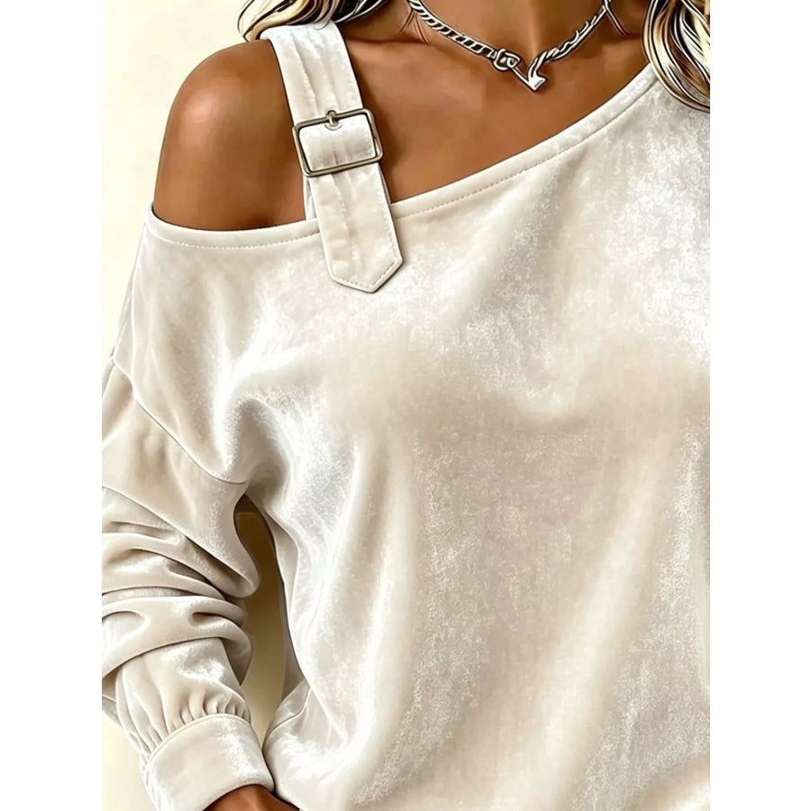 Full Size Velvet Buckle Detail Asymmetrical Neck Blouse Plus Apparel and Accessories