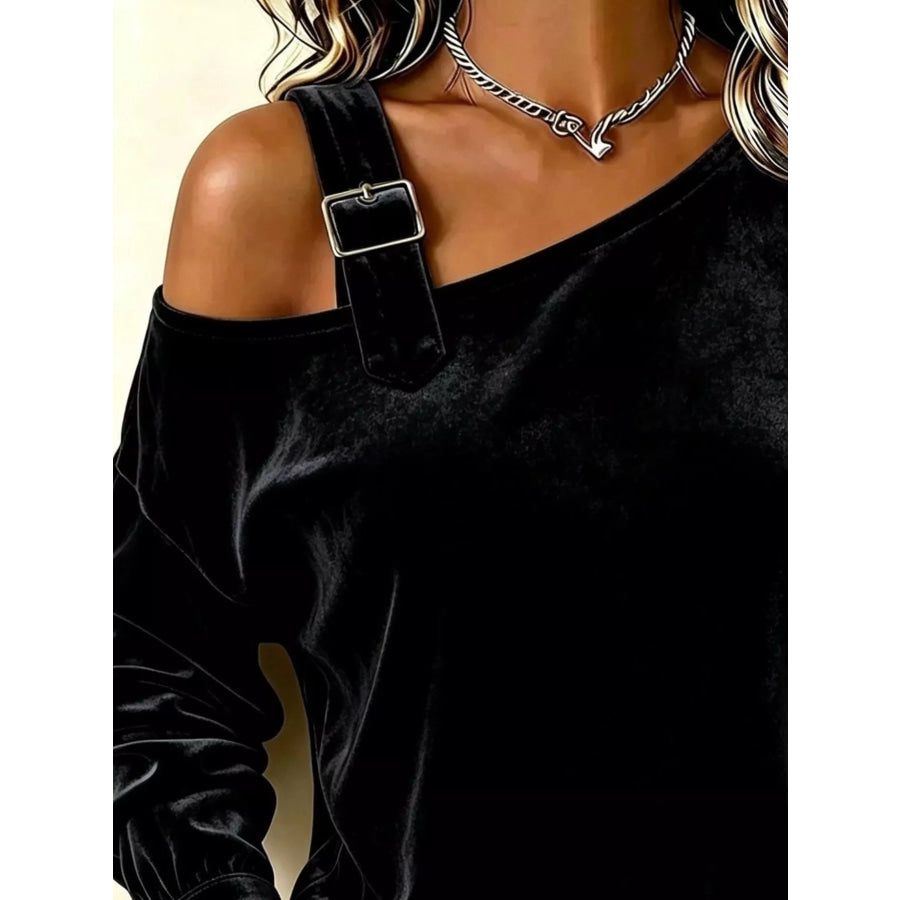 Full Size Velvet Buckle Detail Asymmetrical Neck Blouse Plus Apparel and Accessories