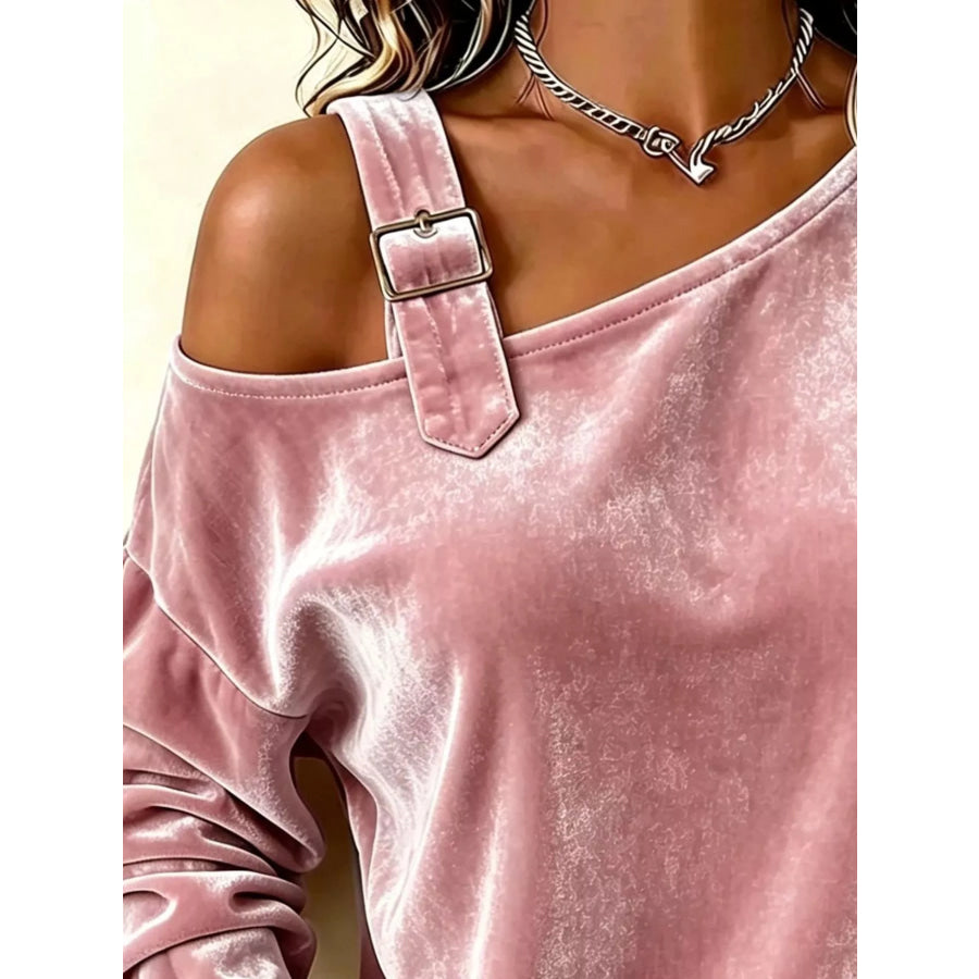 Full Size Velvet Buckle Detail Asymmetrical Neck Blouse Plus Apparel and Accessories