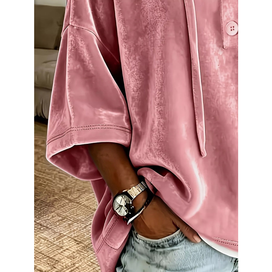 Full Size Velvet Button Detail Drawstring Hoodie Plus Size Apparel and Accessories
