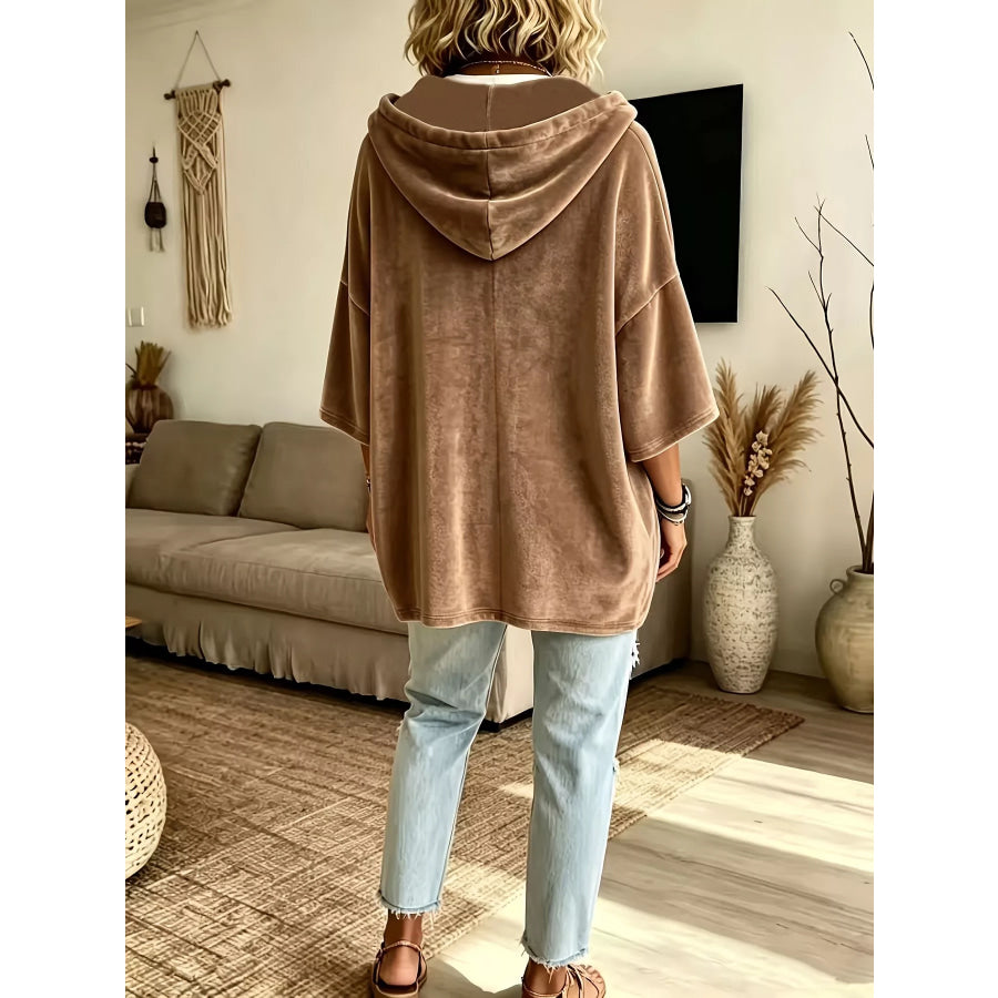 Full Size Velvet Button Detail Drawstring Hoodie Plus Size Apparel and Accessories