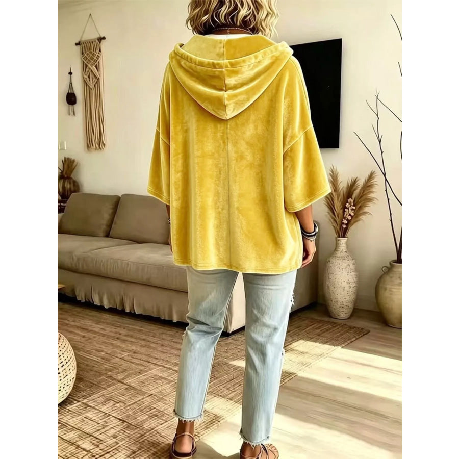 Full Size Velvet Button Detail Drawstring Hoodie Plus Size Apparel and Accessories