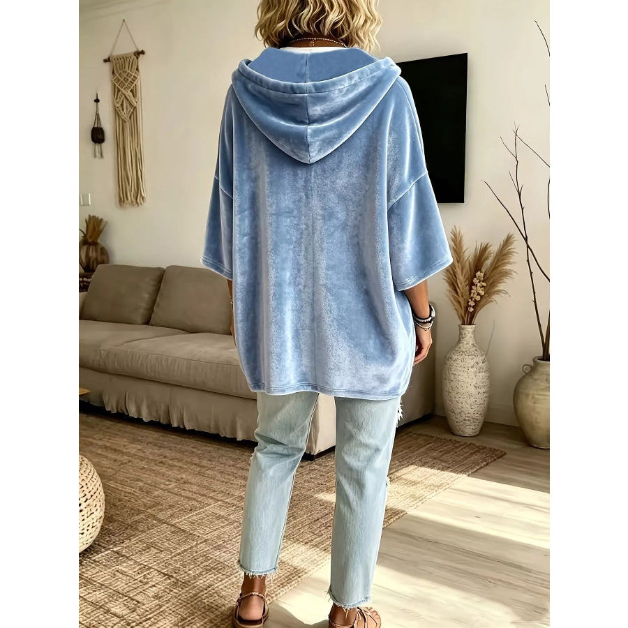 Full Size Velvet Button Detail Drawstring Hoodie Plus Size Apparel and Accessories