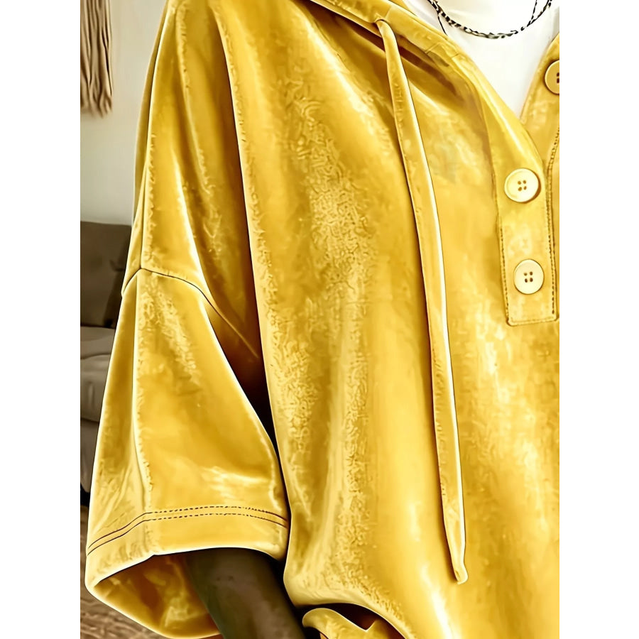 Full Size Velvet Button Detail Drawstring Hoodie Plus Size Apparel and Accessories