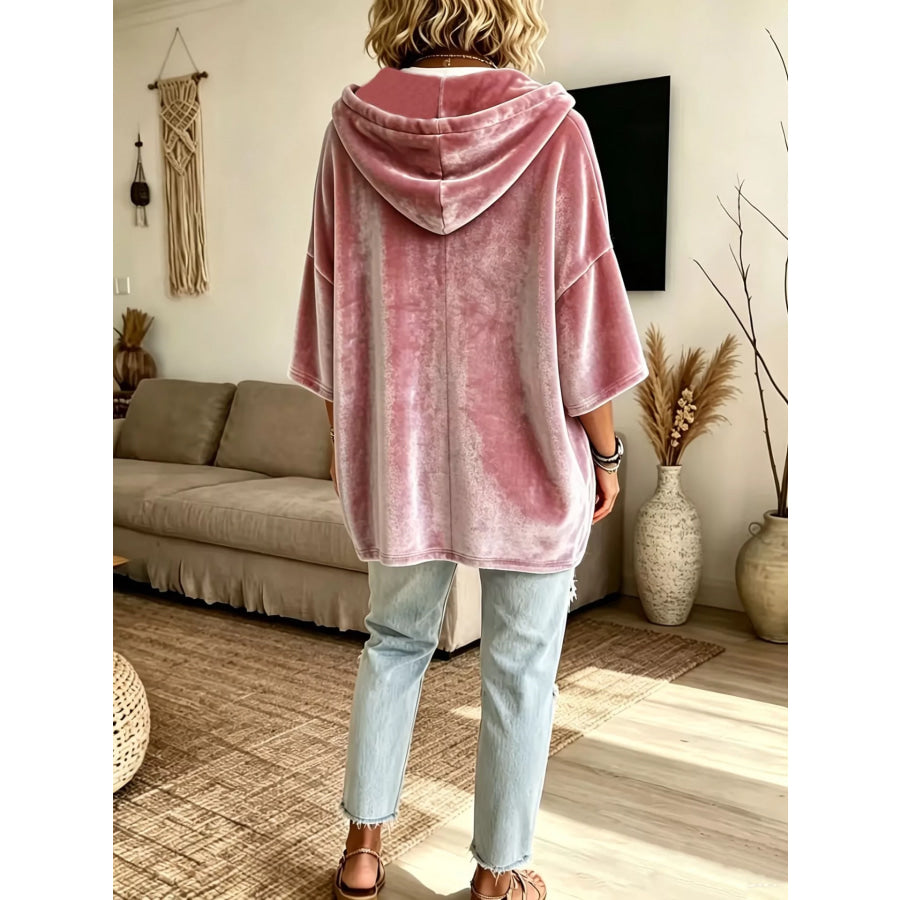 Full Size Velvet Button Detail Drawstring Hoodie Plus Size Apparel and Accessories