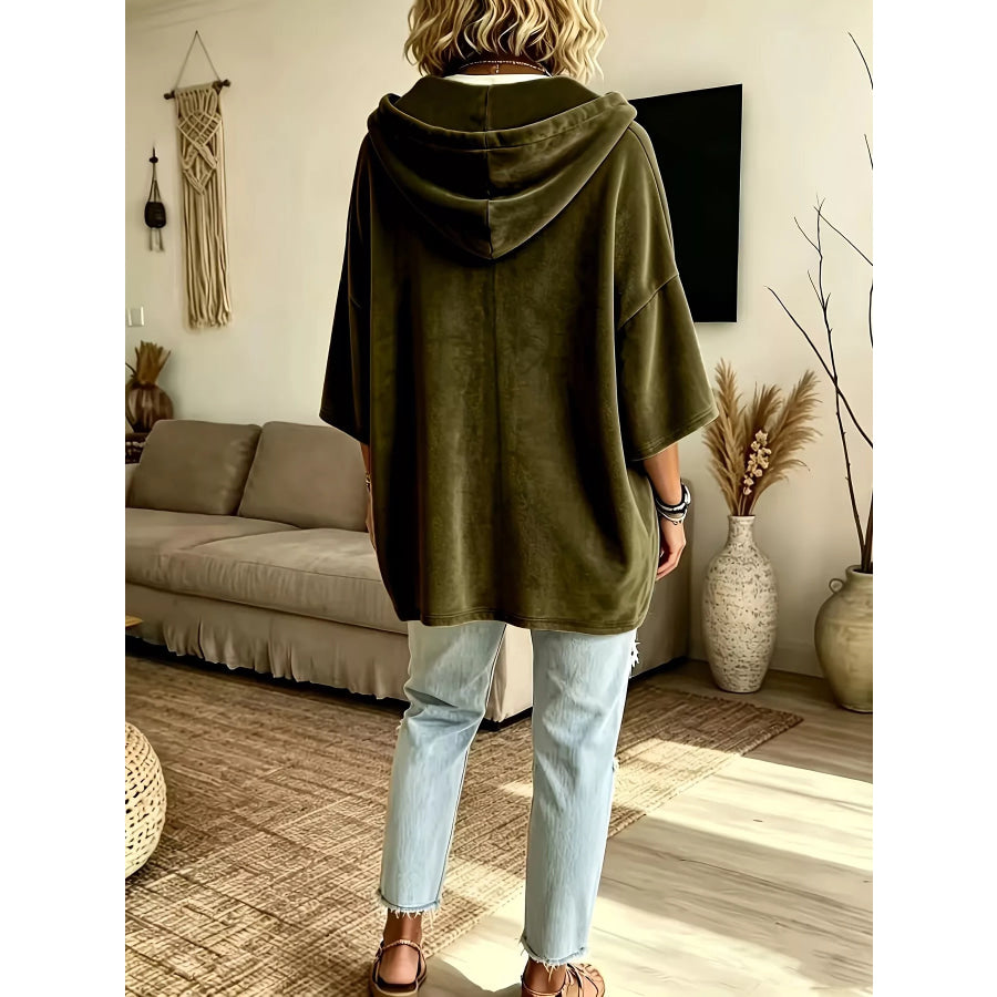 Full Size Velvet Button Detail Drawstring Hoodie Plus Size Apparel and Accessories
