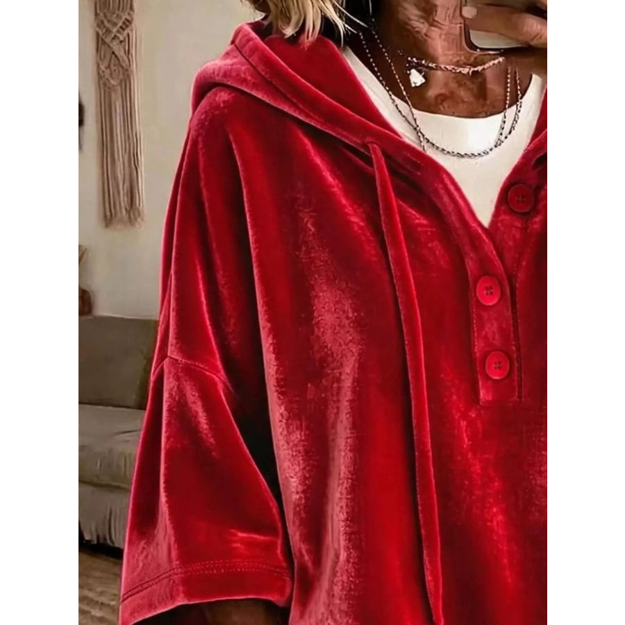 Full Size Velvet Button Detail Drawstring Hoodie Plus Size Apparel and Accessories