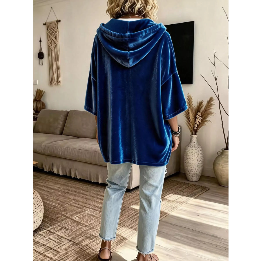 Full Size Velvet Button Detail Drawstring Hoodie Plus Size Apparel and Accessories