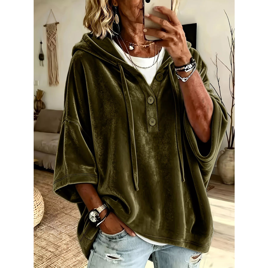 Full Size Velvet Button Detail Drawstring Hoodie Plus Size Army Green / S Apparel and Accessories