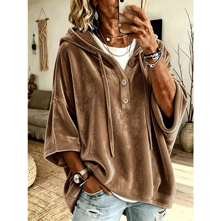Full Size Velvet Button Detail Drawstring Hoodie Plus Size Brown / S Apparel and Accessories