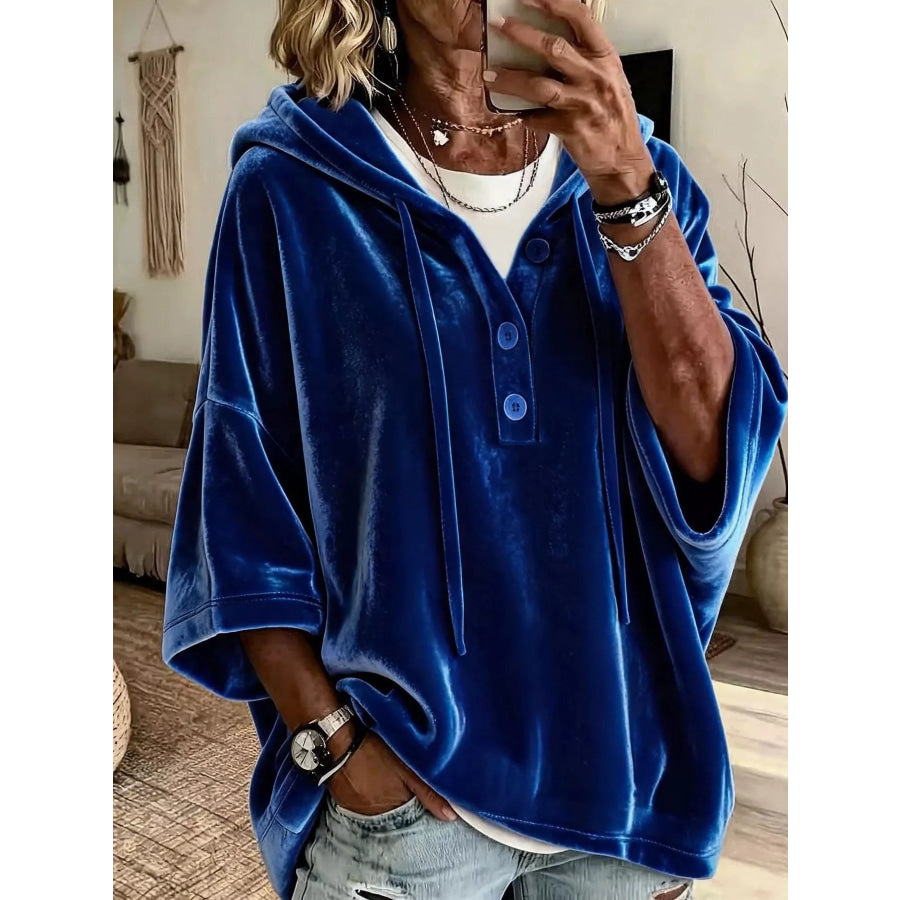 Full Size Velvet Button Detail Drawstring Hoodie Plus Size Dark Blue / S Apparel and Accessories