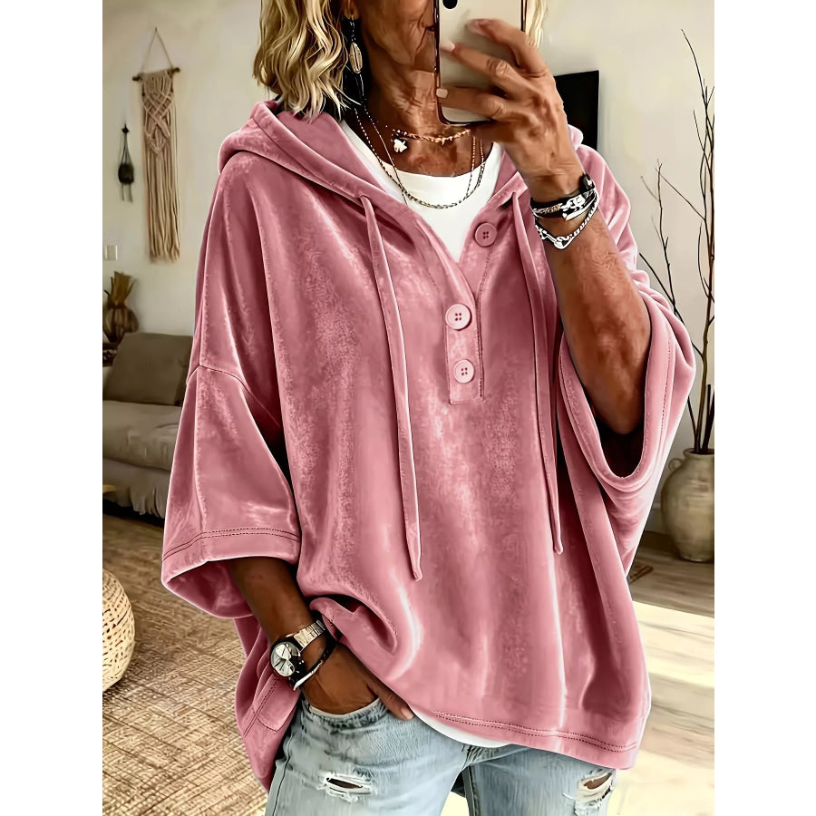 Full Size Velvet Button Detail Drawstring Hoodie Plus Size Pink / S Apparel and Accessories