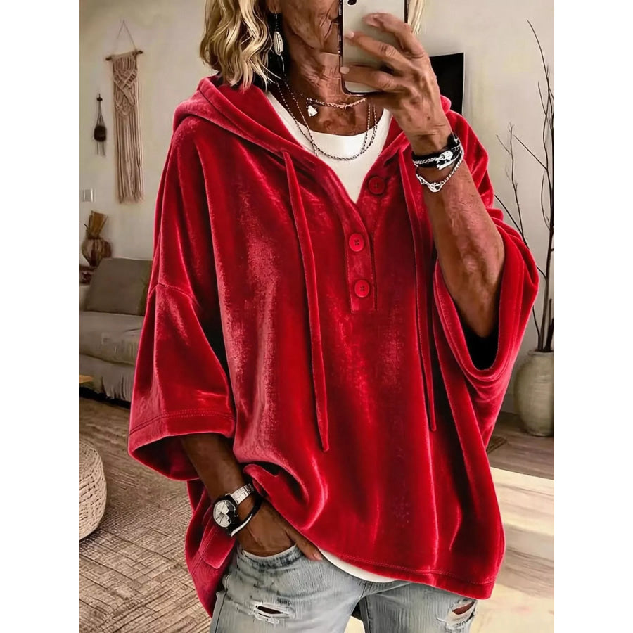 Full Size Velvet Button Detail Drawstring Hoodie Plus Size Red / S Apparel and Accessories