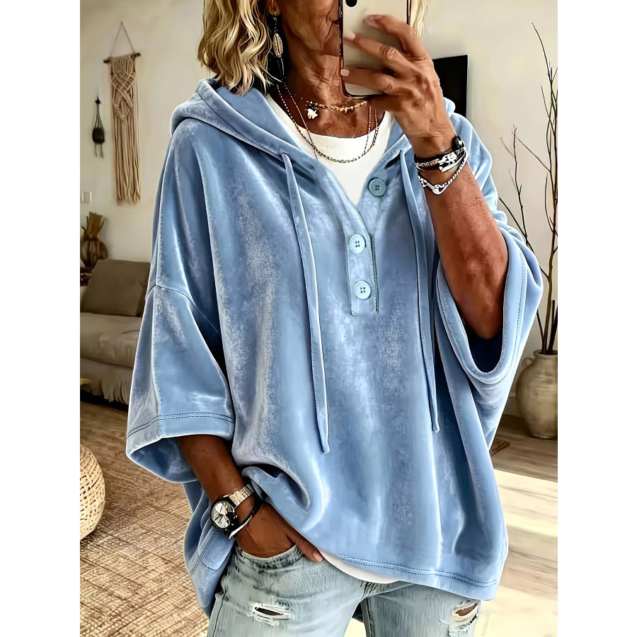 Full Size Velvet Button Detail Drawstring Hoodie Plus Size Sky Blue / S Apparel and Accessories