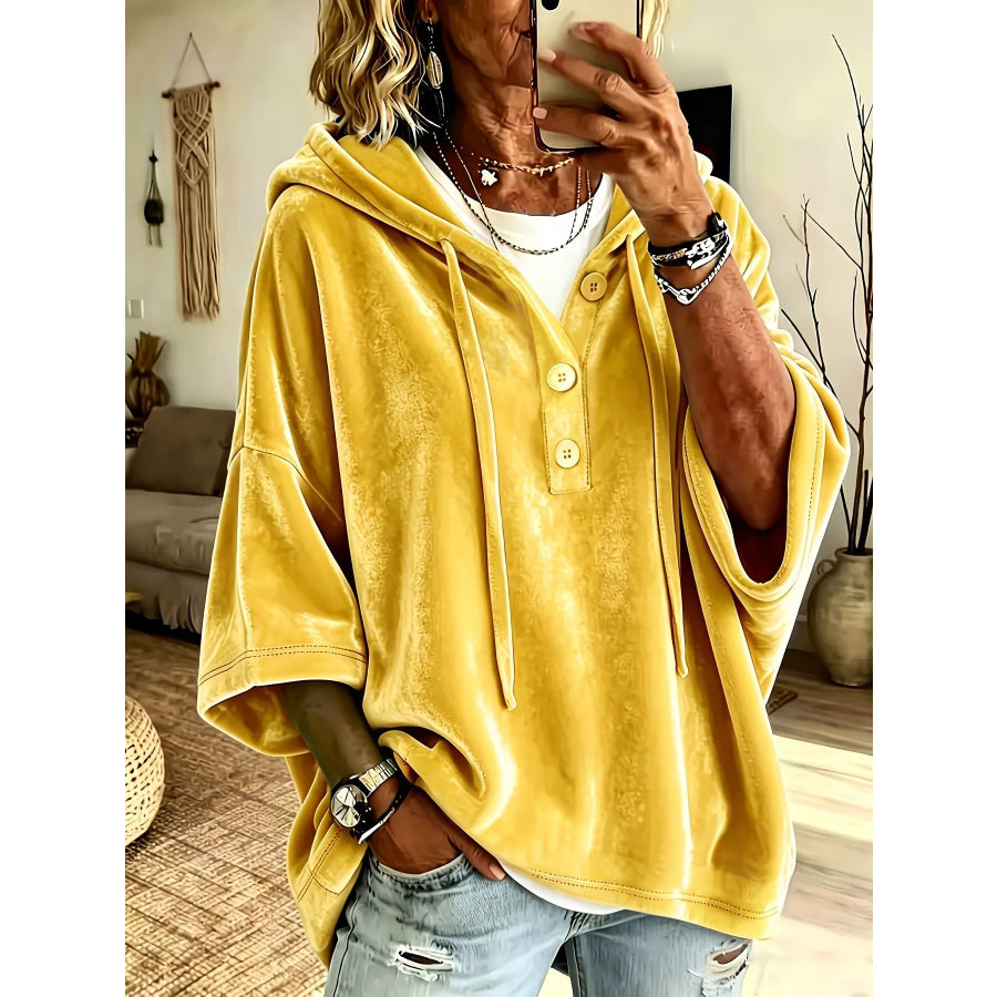 Full Size Velvet Button Detail Drawstring Hoodie Plus Size Yellow / S Apparel and Accessories