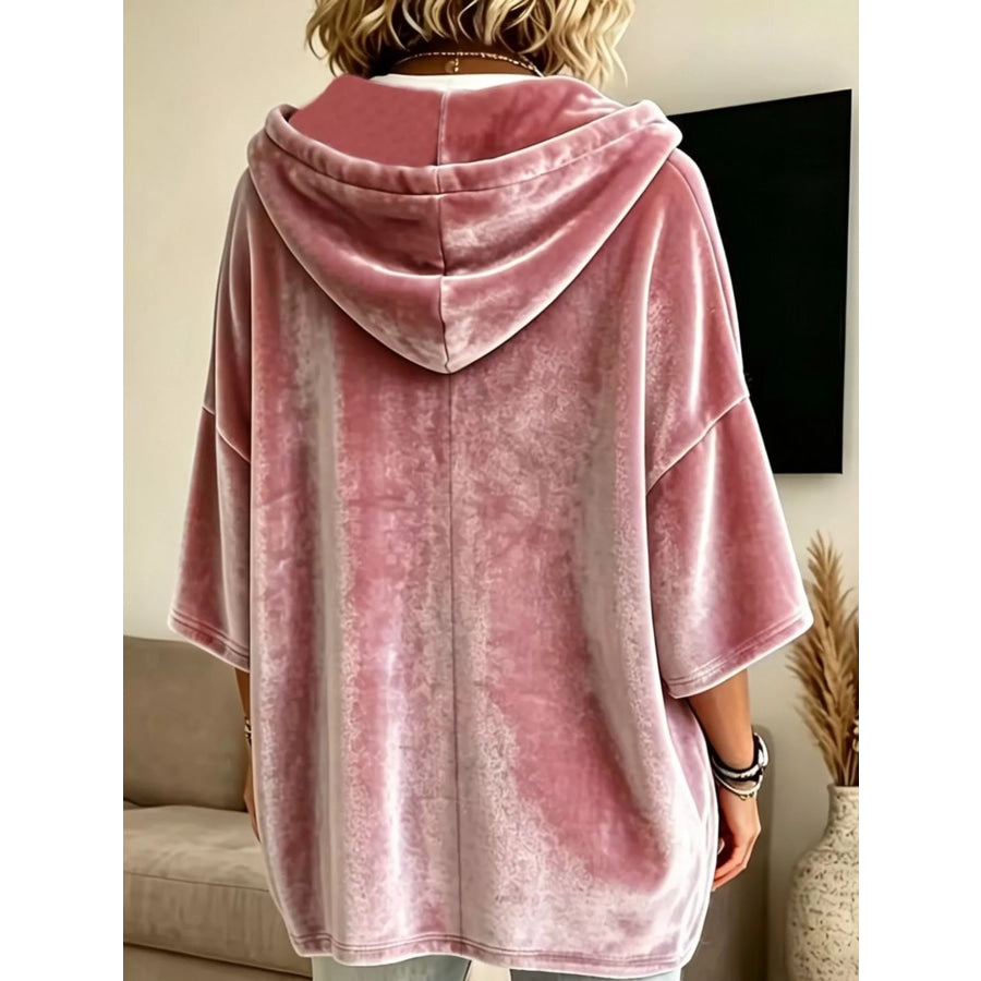 Full Size Velvet Button Detail Hoodie Plus Apparel and Accessories