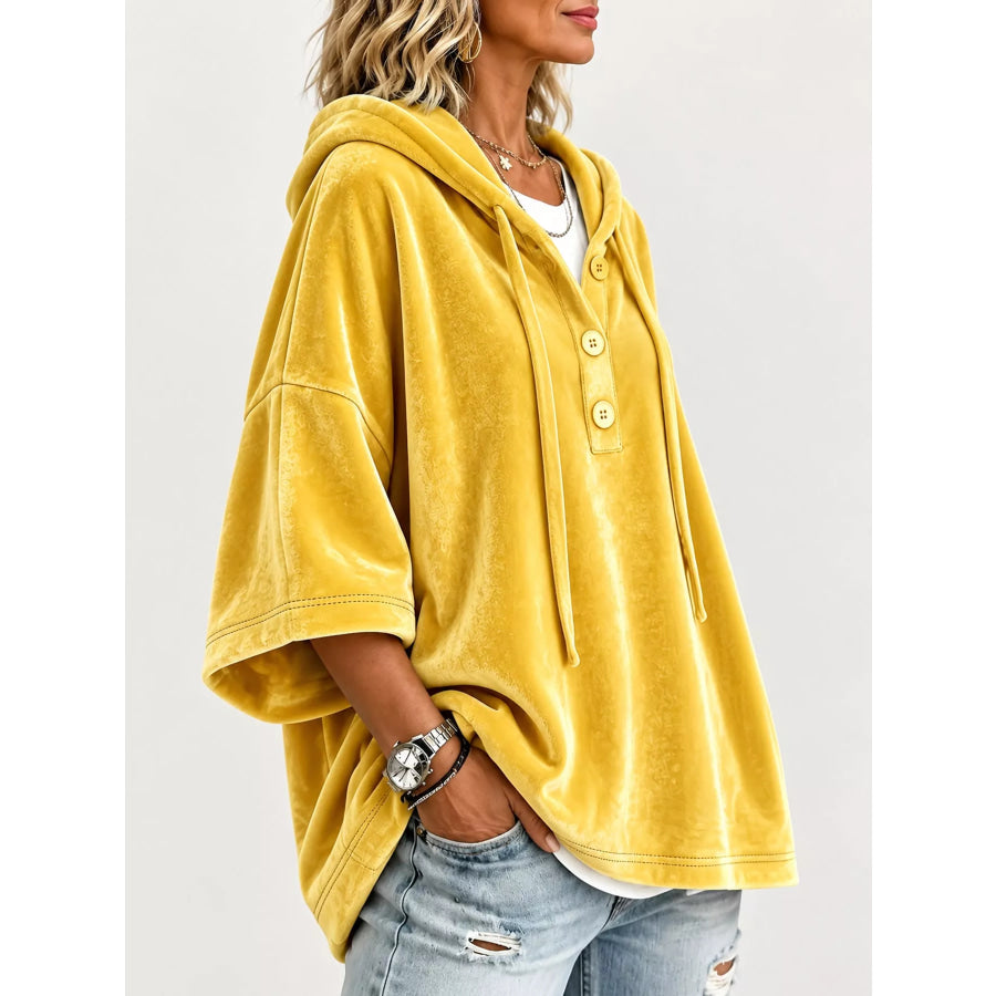 Full Size Velvet Button Detail Hoodie Plus Apparel and Accessories